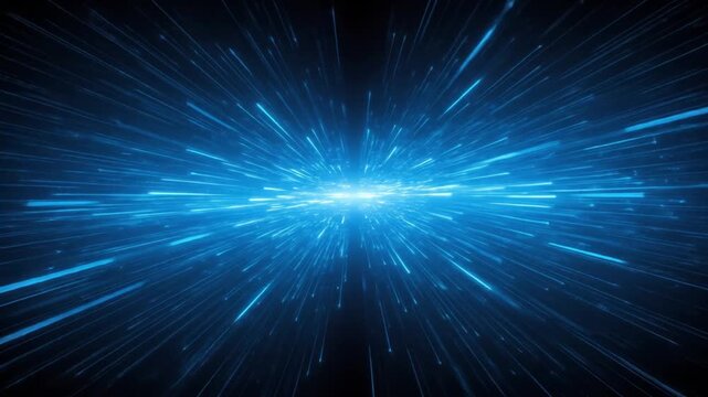Blue streaks of light surge forward from a bright center point against a dark void