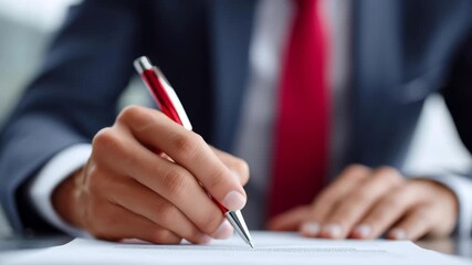 A man in a suit is writing with a red pen on a piece of paper. Concept of professionalism and formality, as the man is dressed in a suit and tie - Powered by Adobe