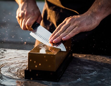 Close-Up of Chef Sharpening Knife on Wet Sharpening Stone