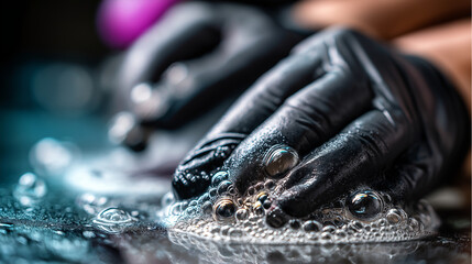 Gloved hands brushing soapy solution on tread to find leak, bubbles forming, macro realism, with copy space