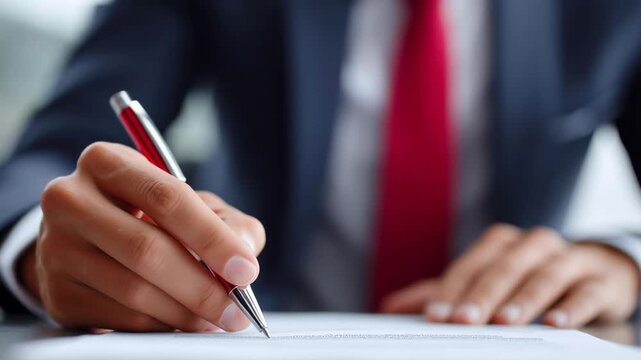 A man in a suit is writing with a red pen on a piece of paper. Concept of professionalism and formality, as the man is dressed in a suit and tie