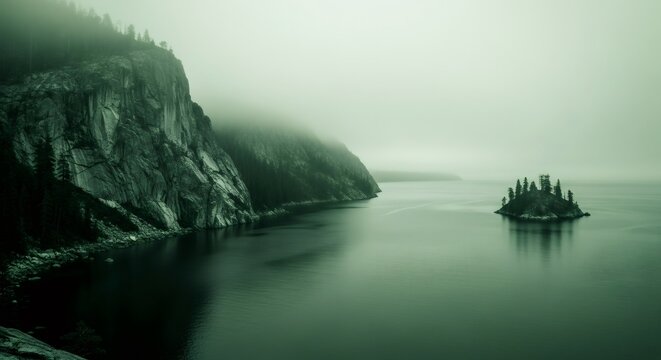 Rocky mountain cliffs covered in dense forest along a misty lake. A small island with pine trees sits in the tranquil water, with an overcast sky.