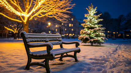 Snowy nighttime park scene with illuminated Christmas tree, glowing string lights, and snow-covered bench