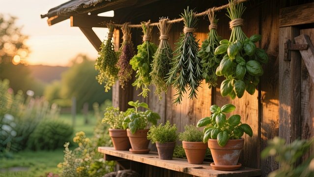 A rustic wooden shed with bundles of fresh herbs tied with twine and hanging upside down against the sunrise background.