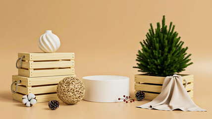 Minimalist holiday arrangement with small Christmas tree in crate, gift boxes, snowflake, pinecone, and woven decor on beige background