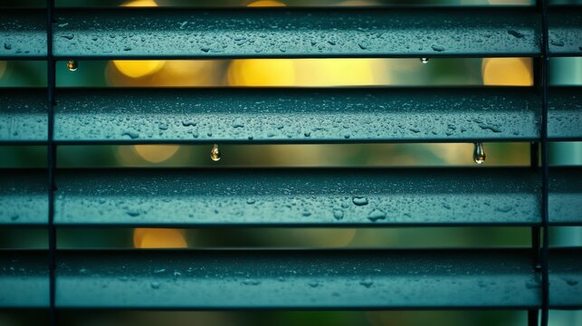 Closed window shades on a rainy day, with water droplets clinging to the slats. Moody atmosphere with a blurry, yellow-orange bokeh background.