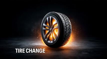 Minimal hero: single wheel on clean backdrop, shadow and highlight, title “tire change”, premium visual, with copy space