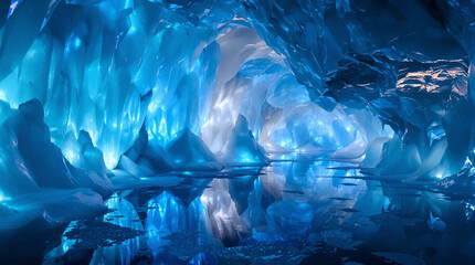 Fototapeta premium Inside a glowing blue ice cave with smooth crystalline walls reflecting soft ambient light, frozen textures and deep arctic atmosphere creating a breathtaking magical winter landscape background for n
