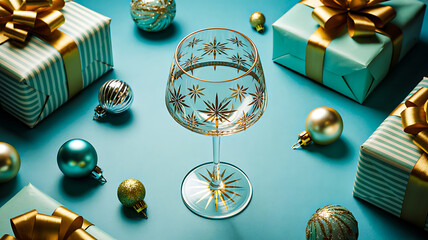 Festive arrangement with etched wine glass, blue and gold wrapped gifts, and metallic ornaments on blue surface