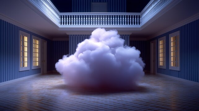 Artistic, surreal interior shot of a grand, abandoned-style room with blue striped wallpaper, featuring a large, glowing white cloud sculpture at the center. - Powered by Adobe