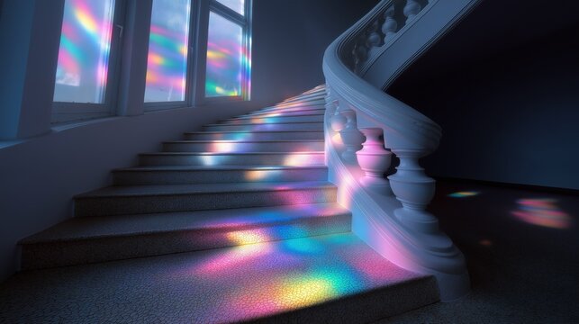Stunning architectural shot of an elegant white staircase bathed in vibrant, multicolored rainbow light from a large window prism effect. Design and fantasy themes.