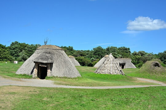 三内丸山遺跡の復元住居と夏の風景（青森県青森市）