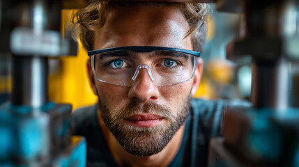 Rim straightening machine, wheel clamped, operator in safety glasses, technical process, with copy space