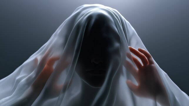 Dramatic, atmospheric portrait of a figure shrouded in a translucent white fabric, obscuring the face, with hands pressed against the material.
