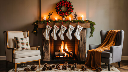 Rustic Christmas living room with lit fireplace, wreath, stockings, candles, reindeer decor, and cozy armchairs
