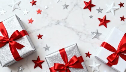 Christmas gifts with red ribbons and star decorations on a marble background