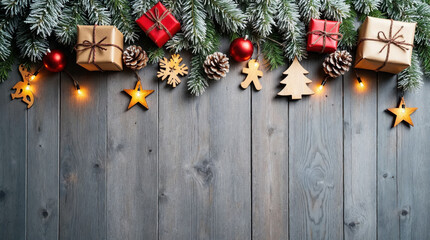Christmas decorations on rustic wooden background with copy space