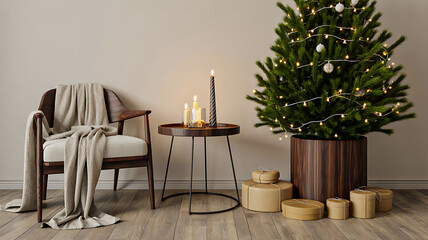 Minimalist Christmas interior with armchair, candles, gift boxes, and tree in wooden planter on light background