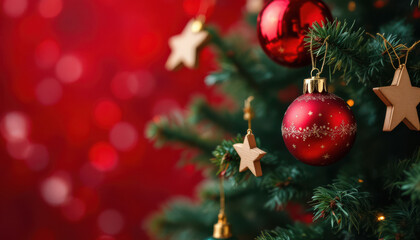 Christmas tree decorated with red ornaments and wooden stars against a red background