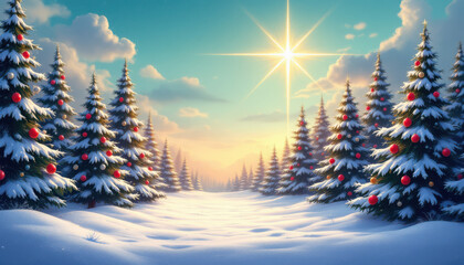 Christmas trees in a snowy landscape with a bright star in the sky