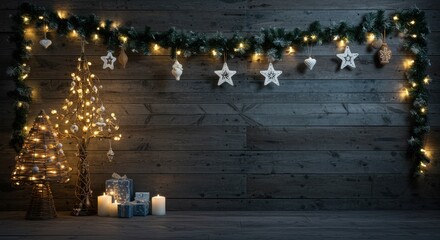 Cozy Christmas scene with twinkling lights, ornaments, and gifts on wooden background