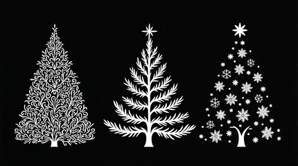 Elegant Christmas tree silhouettes in white on a black background