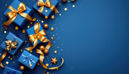 Elegant blue gift boxes with gold ribbons and festive decorations on a blue background