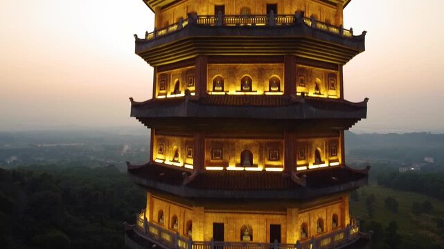 Bai Dinh Pagoda during sunset, in Ninh Binh. The tallest pagoda Vietnam.