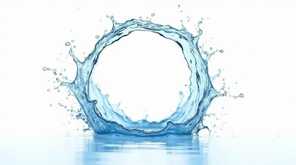 A perfect circular splash of crystal clear blue water captured in mid-air forming a hollow ring on the water.