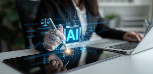 AI circuit microchip with glowing blue lines, surrounded by legal scales, warning symbols, data sheets, and binary codes, representing ethical AI, AI governance, and data integrity Latch