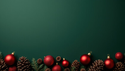 Festive Christmas background with ornaments, pine cones, and evergreen branches