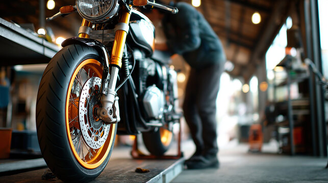 Motorcycle on paddock stand, mechanic removing wheel for tire swap, garage style, tidy tools, with copy space