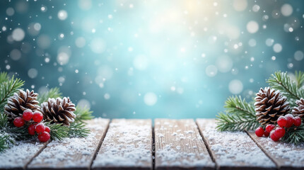 Festive Christmas background with snow, pine cones, and red berries on wooden table