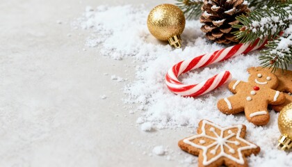 Festive Christmas scene with gingerbread cookies, candy cane, and ornaments