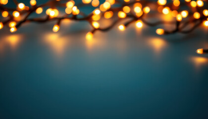 Warm glowing Christmas lights on a teal background with copy space