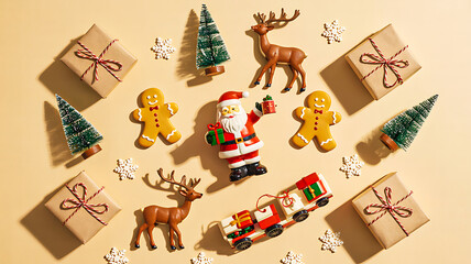 Santa figurine with gingerbread cookies, reindeer, gifts, and toy train in festive Christmas arrangement on beige background