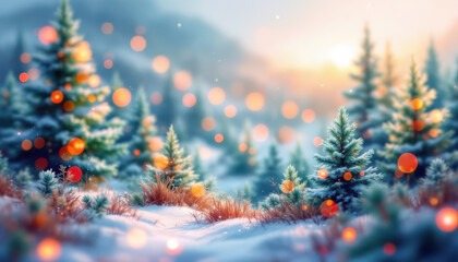 Winter wonderland scene with snow-covered trees and bokeh lights at sunset