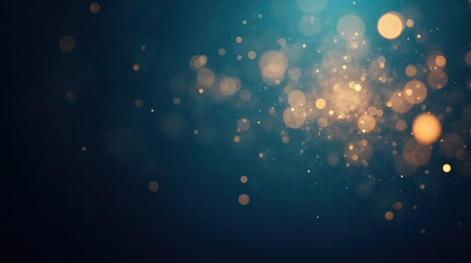 Abstract background with golden bokeh lights on a dark blue backdrop