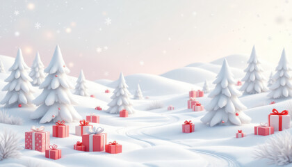 Winter wonderland scene with snow-covered trees and wrapped gifts
