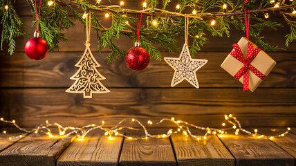 Rustic Christmas decorations with baubles, wooden ornaments, and gift hanging from pine branch over wood background