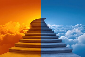 A staircase ascends through contrasting skies of warm orange and cool blue clouds