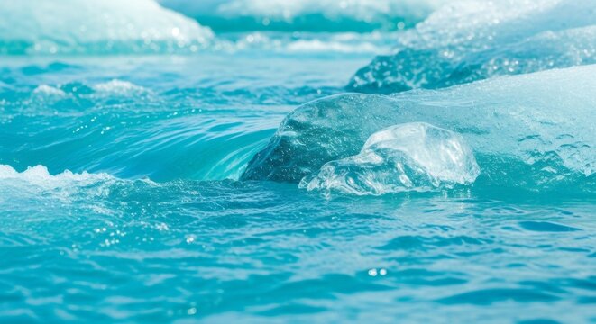 Melting icebergs in vibrant blue ocean water. Climate change and global warming concept with an annual color trend. Environmental protection idea.