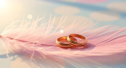 Golden wedding rings on a soft pink feather