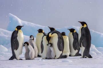Fototapeta premium Gentoo penguins are actively swimming in the calm waters of Antarctica, with some leaping from the surface to join their group. Icebergs float nearby under a clear blue sky.