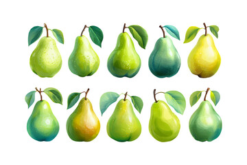 Collection of Fresh Green and Yellow Pears with Leaves.