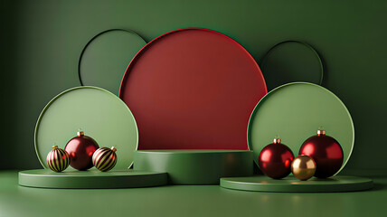 Christmas-themed display with red and green circular platforms and shiny ornaments on green gradient background