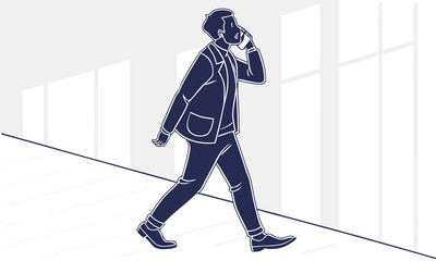 Obraz premium Business Professional Walking While Talking on Phone – Modern Minimal Line Art Illustration for Corporate and Communication Themes