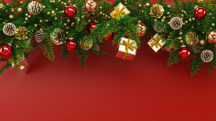 Christmas pine branches with red and gold ornaments, gift boxes, and pinecones on solid red background