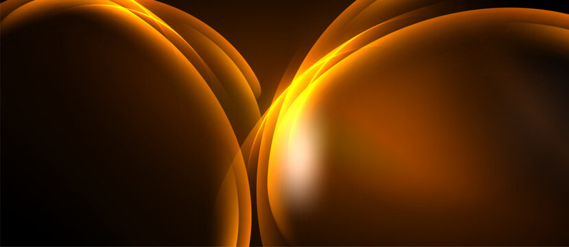 Abstract orange shapes overlap, creating luminous curves. Dark background emphasizes bright, flowing forms. Smooth gradients suggest depth.