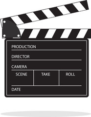 Obraz premium Film production, film reel board, film production icon isolated on white background. Vector cartoon illustration, poster.